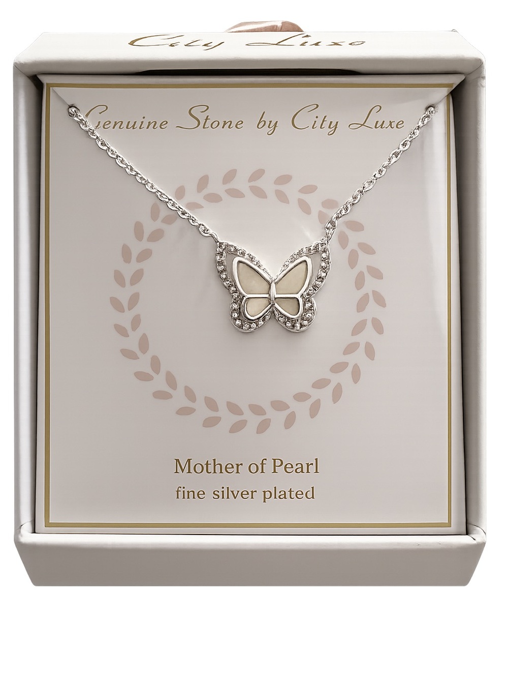 Silver Plated Mother of Pearl Butterfly Necklace, NIB
